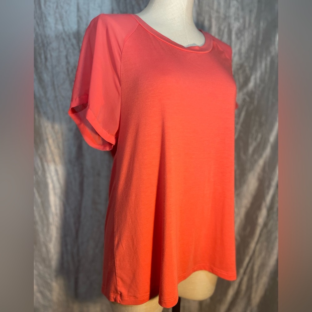 West Kei coral rayon top with sheer polyester short sleeves